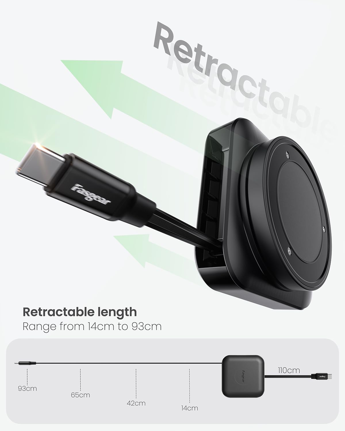 Fasgear Retractable USB C Cable, 2 Pack, 6ft, Black