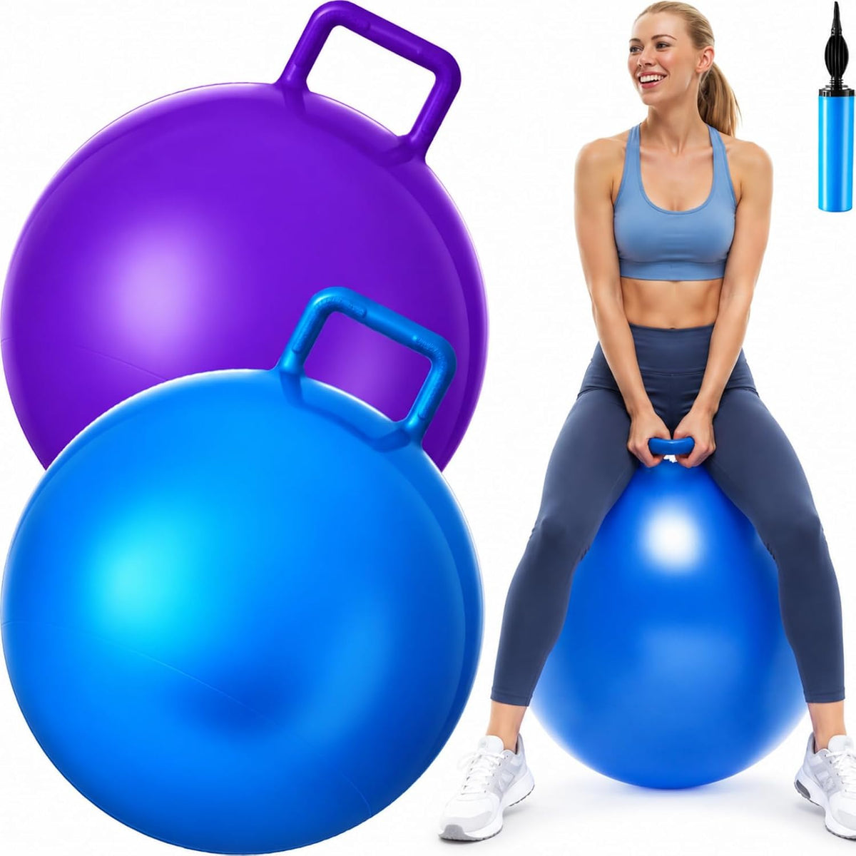 Lewtemi 2 Pcs 29 Inch Big Bouncing Ball with Handle Jumping Hopper Bouncy Ball for Adults Exercise and Air Pump for Outdoor Sports Game(Blue, Purple)