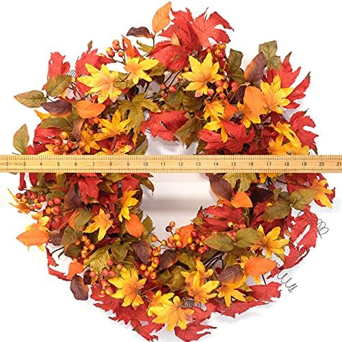 Idyllic 20 Inch Fall Wreath for Front Door - Maple Leaves Autumn Wreath for Thanksgiving, Halloween, Wall, Front Porch Home Decoration