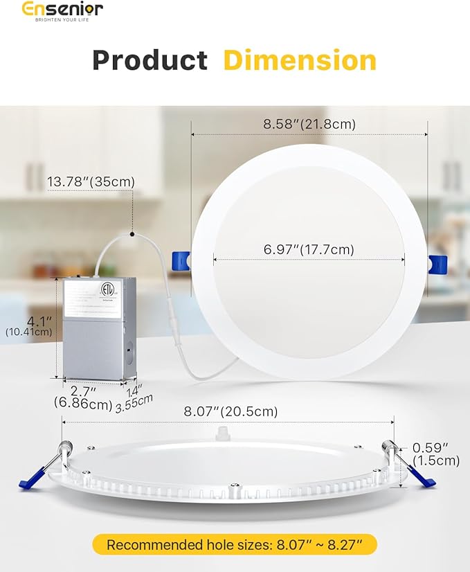 Ensenior 12 Pack 8 Inch LED Recessed Ceiling Light, 2700K-5000K 5CCT, 1600LM
