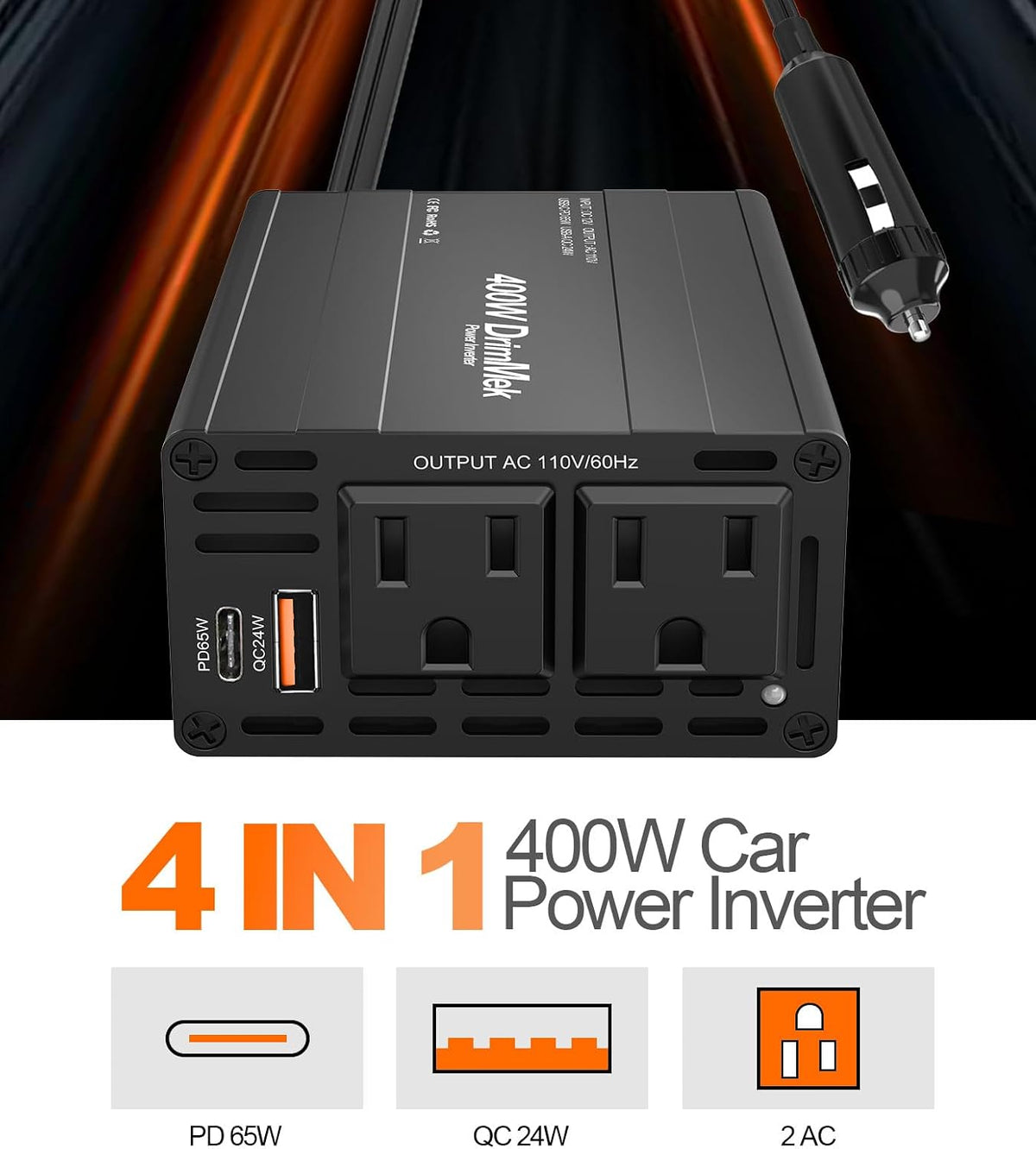 400W Car Power Inverter 12V to 110V AC｜24W+65W USB C, Laptop Charger