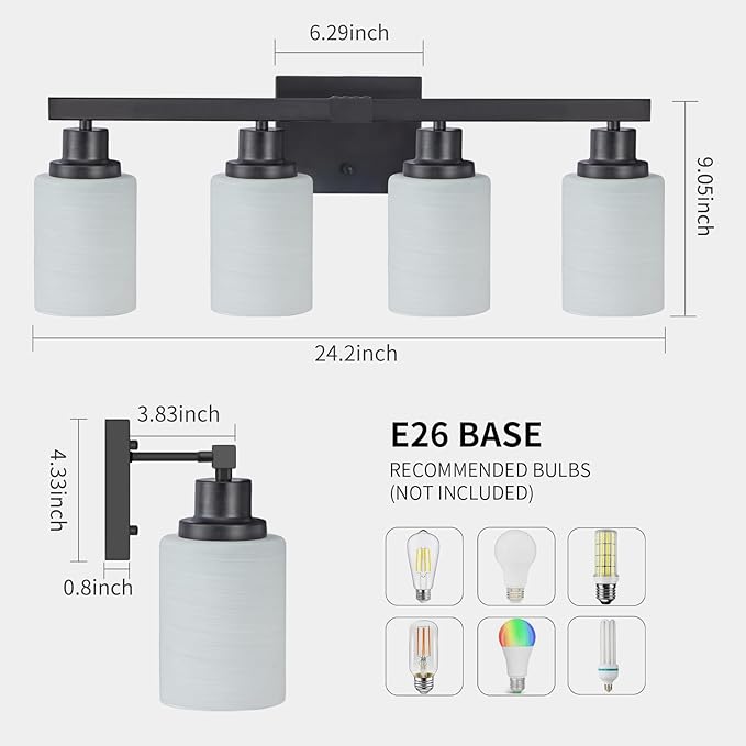 DIKAIDA Bathroom Light Fixtures, 4-Light Matte Black Bathroom Vanity Lights