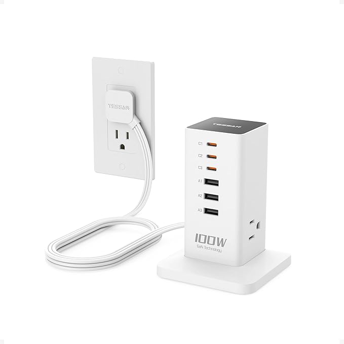 Charging Station PD 100W, TESSAN 9-in-1 USB C Power Strip