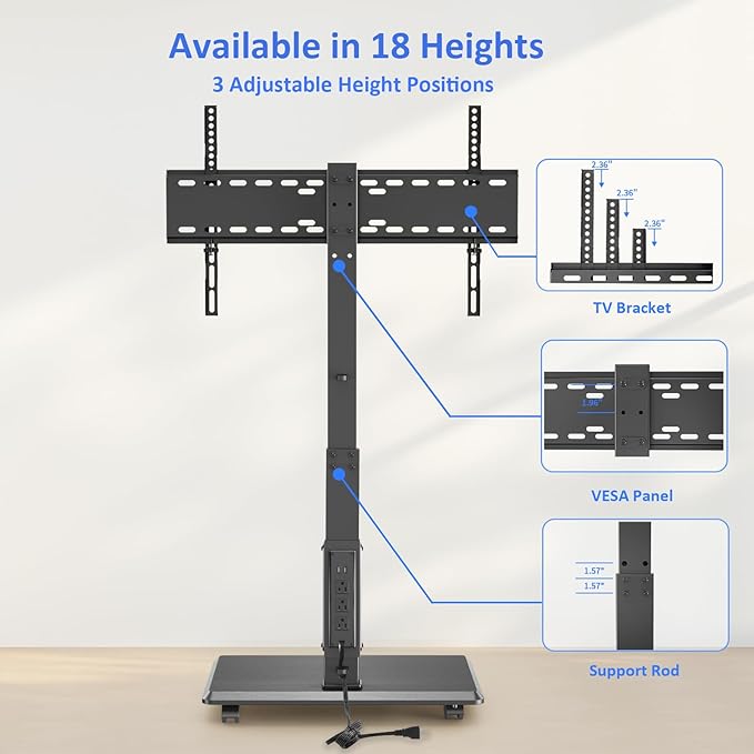 Afaloona Rolling TV Stand with Power Outlet, Mobile TV Stand