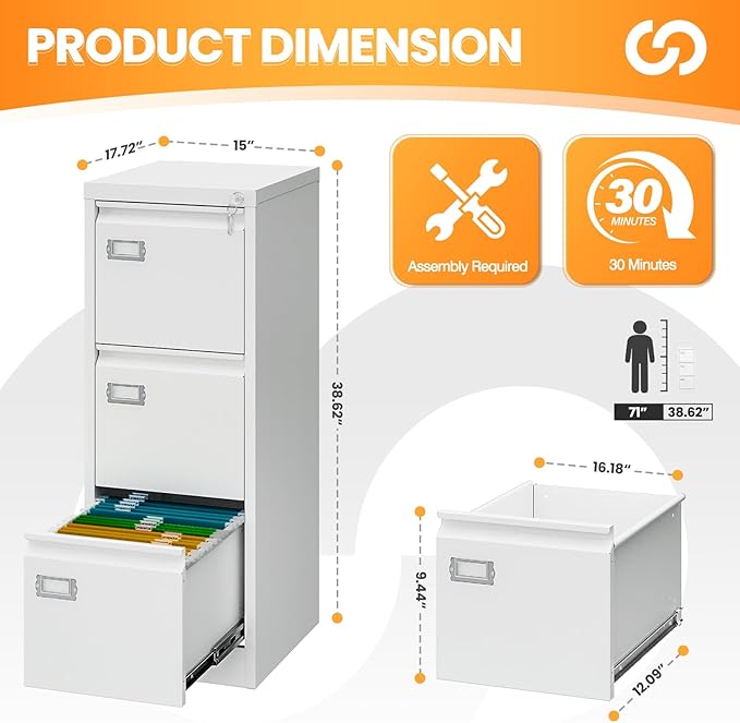 3 Drawer File Cabinet with Lock, Metal Filing Cabinets