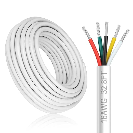 16 Gauge 5 Conductor Electrical Wire, 32.8FT White Stranded Low Voltage 16/5