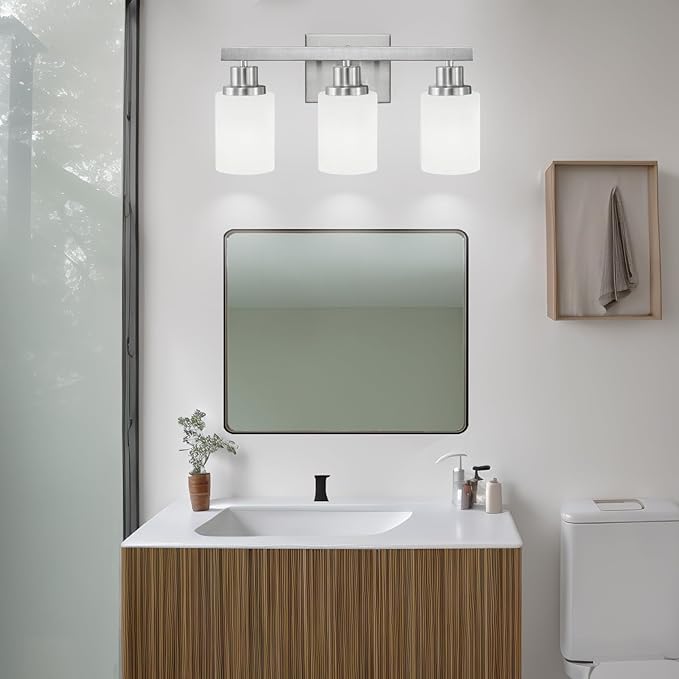 DIKAIDA 3-Light Bathroom Light Fixtures, Nickel Vanity Light, Modern Bathroom
