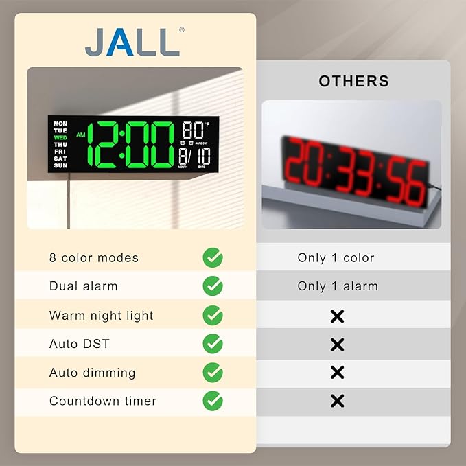 JALL 16" Large Digital Wall Mount Clock, Count Down Timer, Big LED, RGB Color
