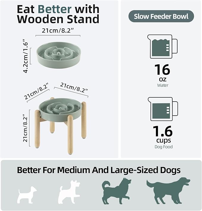 Ceramic 1.6 Cup Raised Slow Feeder Dog Bowl Set, Elevated Wooden Stand