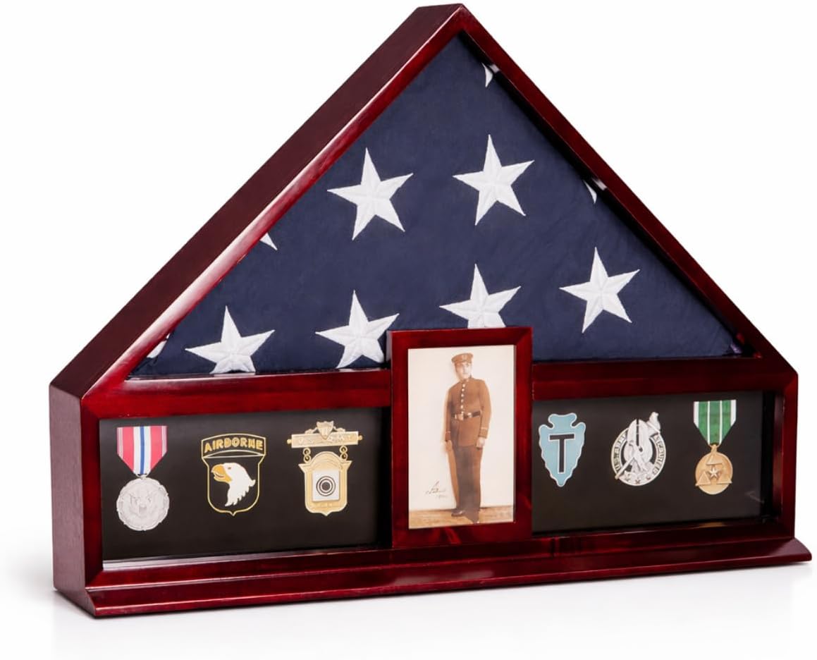 Bey-Berk Custom Personalized American Flag Display Case for 5' x 9.5' Burial Memorial Flag, Military Medal Shadow Box with Glass Front and 4"x 6" Picture Frame (Mahogany)