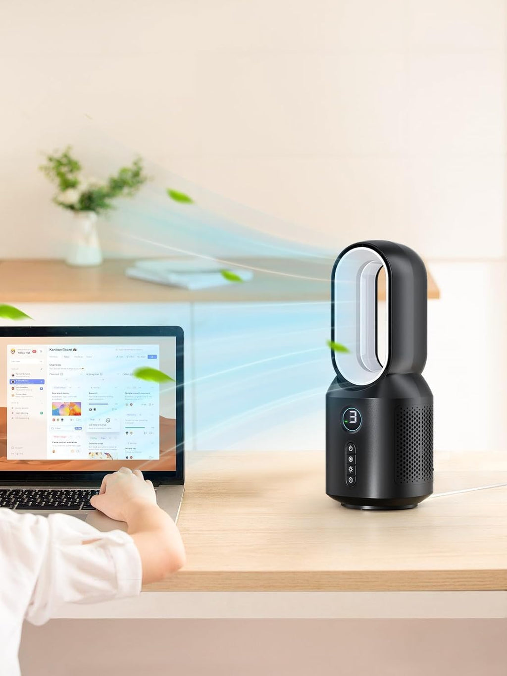 let'me Desk Fan, Small Bladeless Table Fan, Small Fan with 3 Speeds and Night Light, Quiet Desk Fan for Personal, Bedroom, Office, Nightstand