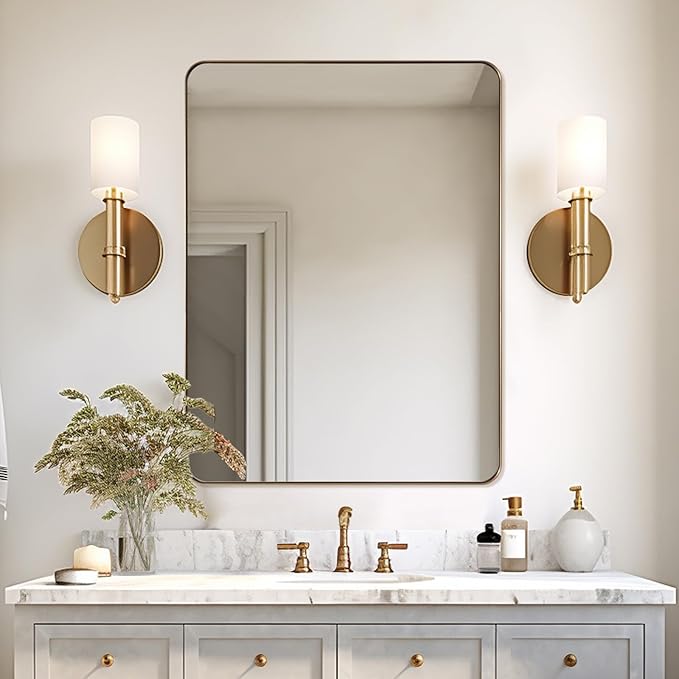 Andy Star Gold Bathroom Mirror, 22x30'' Brushed Brass Metal Frame Rounded