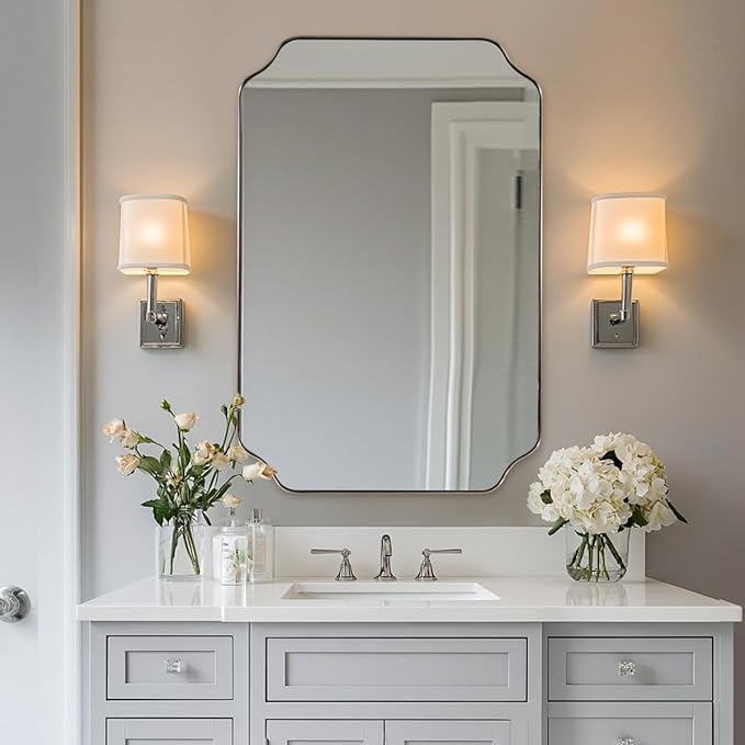 ANDY STAR 26x38 Inch Mirror for Bathroom, Brushed Nickel Scalloped Rectangle