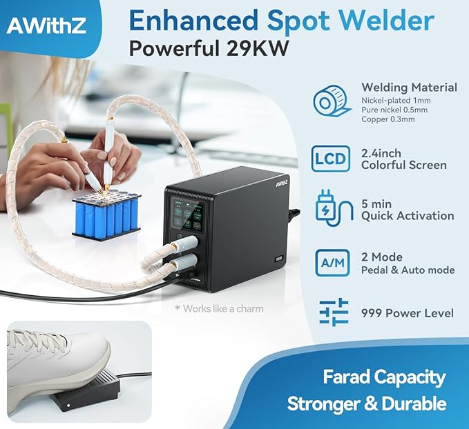 Battery Spot Welder, AWithZ 29.2 KW Capacitor Spot Welder, 2-in-1 Automatic &