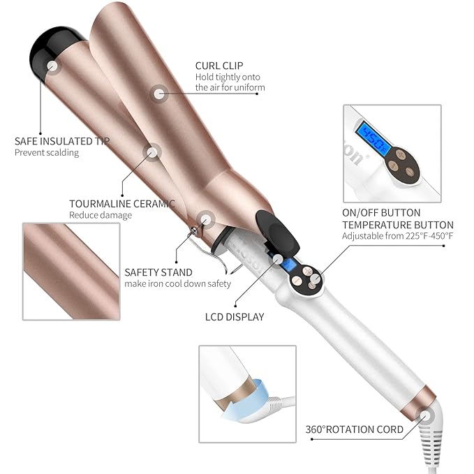 Hoson 2 Inch Curling Iron Large Barrel, Long Barrel Curling Wand Dual Voltage