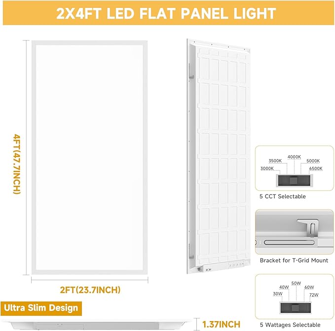 4 Pack 2x4 LED Flat Panel Light Drop Ceiling Office Fixture, Surface Mount Drop