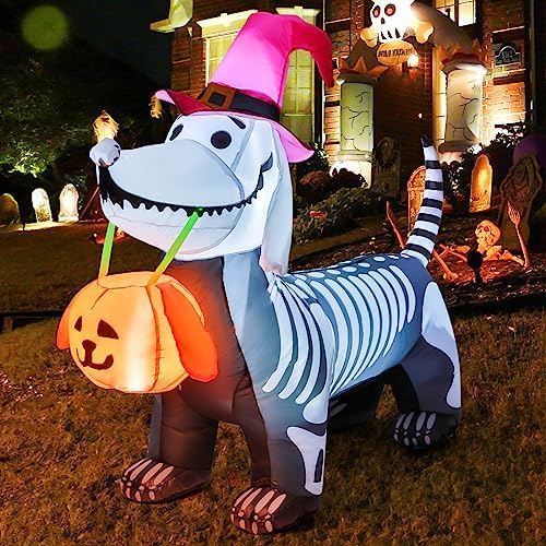 GOOSH 5.5 FT Halloween Inflatables Outdoor Decorations Skeleton Puppy Inflatable Yard Decoration with Build-in LEDs Blow Up Pumpkin for Halloween Party Indoor Outdoor Yard Garden