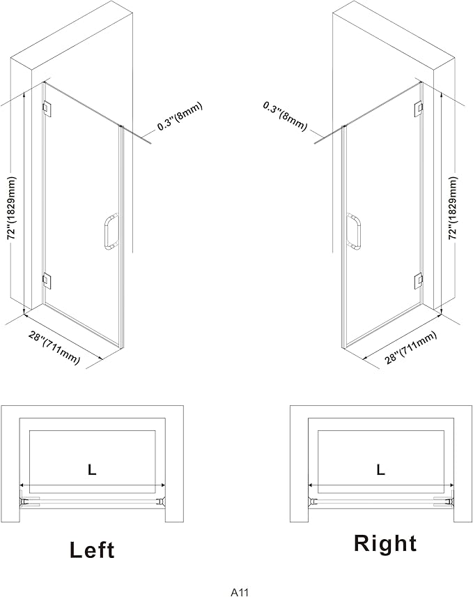 Bathroom Frameless Shower Door 28" W*72" H, 5/16" Clear Tempered Glass Hinged