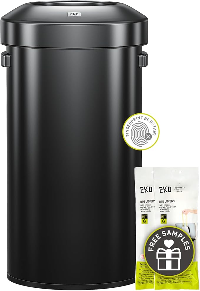 EKO Urban 24 Gallon Round Black Stainless Steel Open Top Waste Bin, Tall