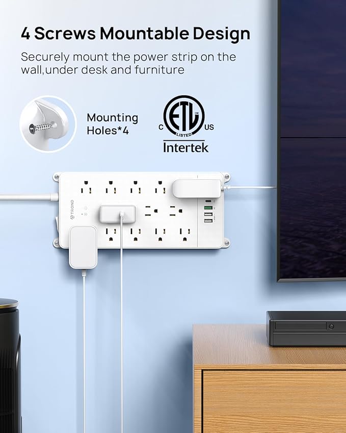TROND Surge Protector Power Strip 15 ft, Flat Plug Extension Cord, 13 Wide