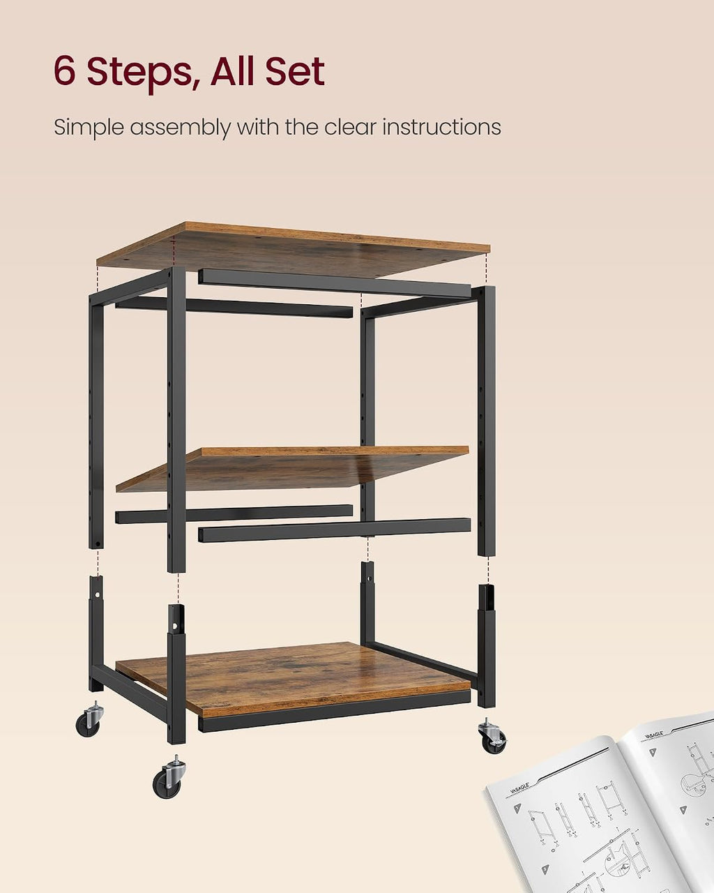 VASAGLE 3-Tier Printer Stand with Locking Wheels, Under Desk Printer Table