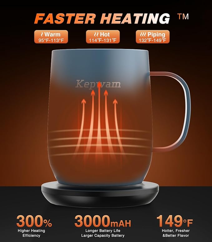 Kepwam Self Heating Coffee Mug T2, 16oz Smart Heated Coffee Mug, 150 Min