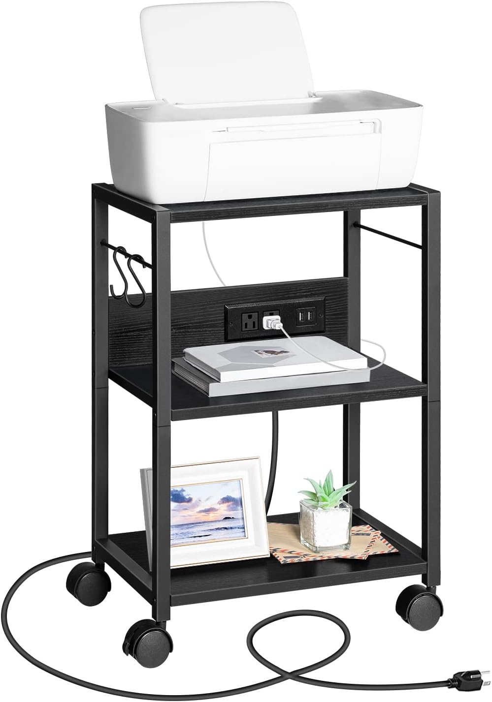 MAHANCRIS Industrial Printer Cart, 3-Tier Mobile Printer Stand, Rolling Cart with Power Outlets and USB Ports, Home Printer Stand with 2 Hooks, for Office, Living Room, Black PTHB40E01