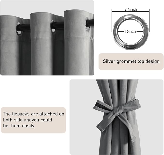 JIUZHEN Grey Velvet Curtains 72 inches Blackout Curtains