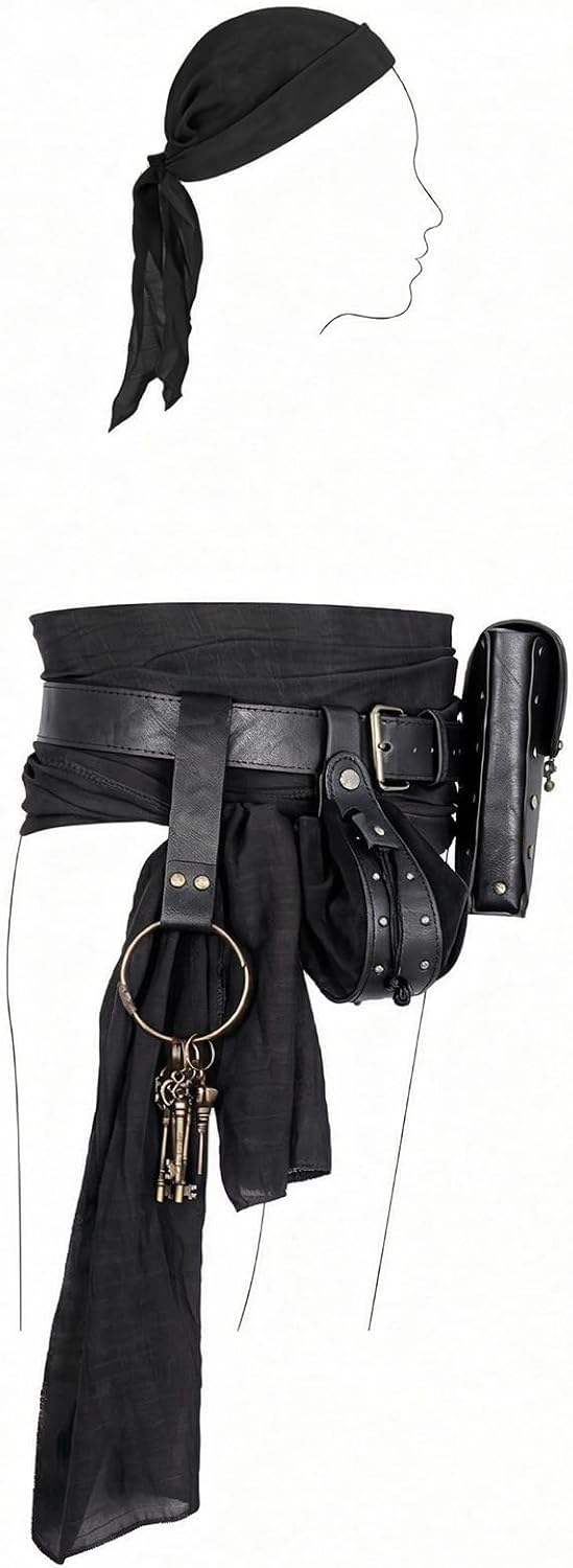 Renaissance Pirate Belt with Pouch Waist Bag, Pirate Head Scarf 6-Pack