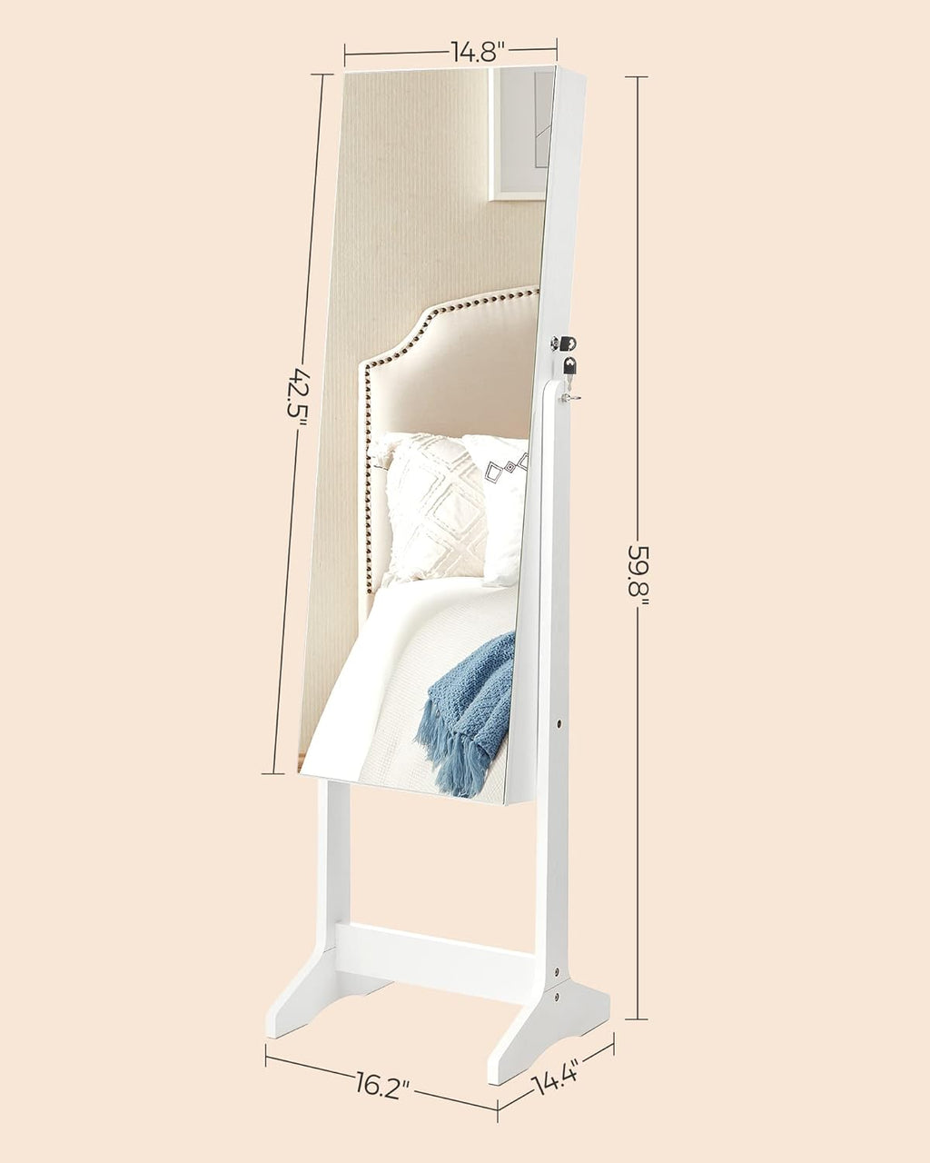 SONGMICS LED Jewelry Cabinet Standing, Lockable Armoire | Freestanding Storage Organizer with 2 Plastic Cosmetic Storage, Full-Length Mirror, for Necklace Earring, White UJJC002W01