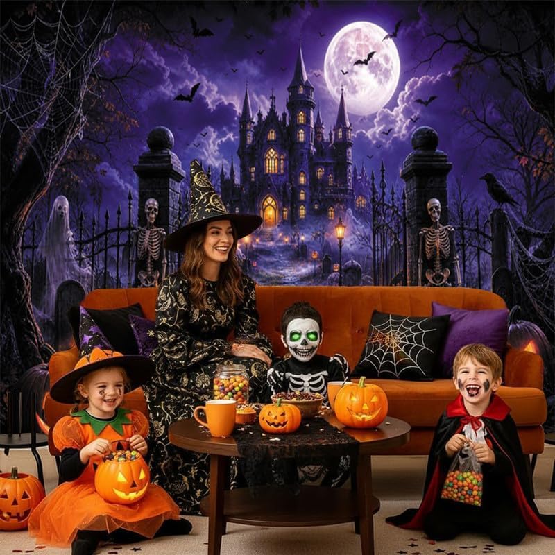 Halloween Backdrop 10x8ft Spooky Castle Moon Night Backdrop for Photography