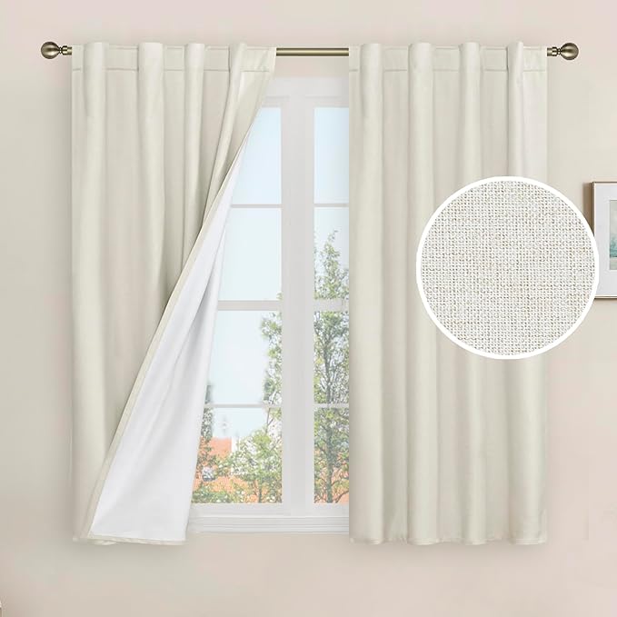 LAMIT Ivory 100% Blackout Linen Curtains 54 Inches Long, Linen Textured Living