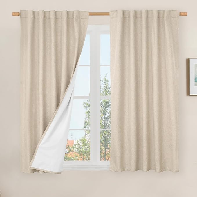LAMIT 100% Blackout Short Linen Curtains 48 Inches Long, Linen Textured Thermal