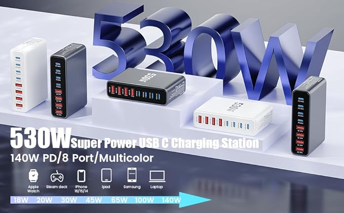 530W USB C Charger Block, 8-Port USB C Charging Station GaN IV Travel