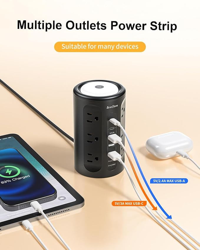 AnnTane Power Strip Tower with Night Light, Power Strip Surge Protector with