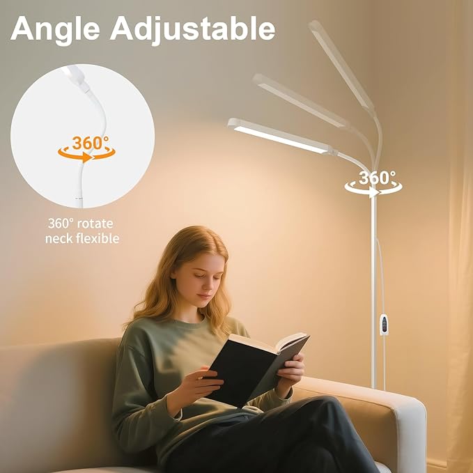 White LED Reading Floor Lamp, Bright 12W Dimmable Standing Light, Adjustable