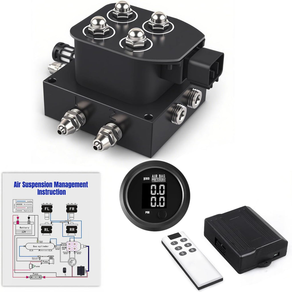 12V Air Management Featuring 4-Valve Air Ride Suspension Manifold, with Remote Controller 0-200psi and Dual-Way White Display Air Pressure Gauges