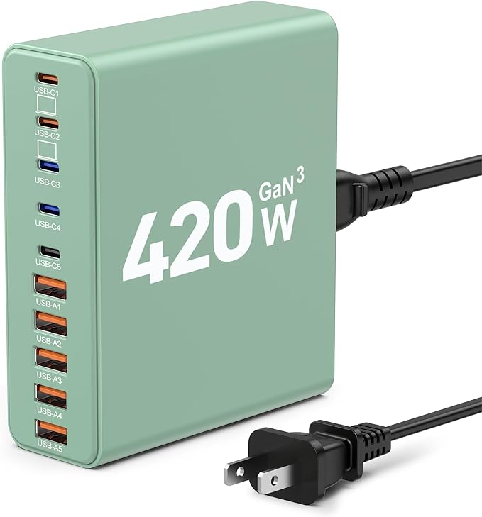 420W USB C Charger Block, 10-Port Charging Station GaN Fast Charging Type C &