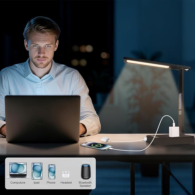 snsok Smart Desk Lamp with Dual USB Charging & 2 AC Outlets, Digital Clock
