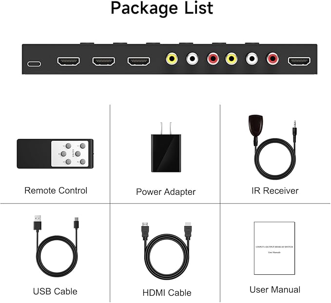 5 in to 1 Out RCA/HDMI Switcher，3 Way HDMI 2.0 + 2 RCA to HDMI Converter