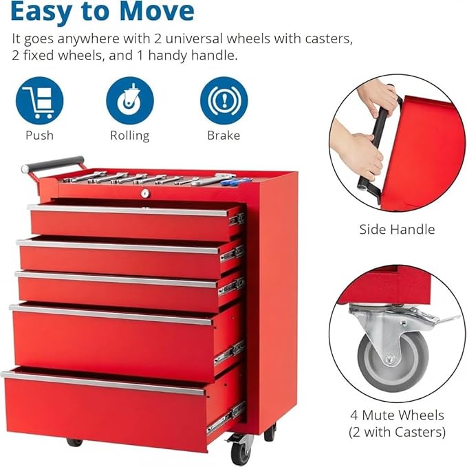 IDEALHOUSE Rolling Tool Chest, 5 Drawers Tool Storage Cabinet, Toolbox