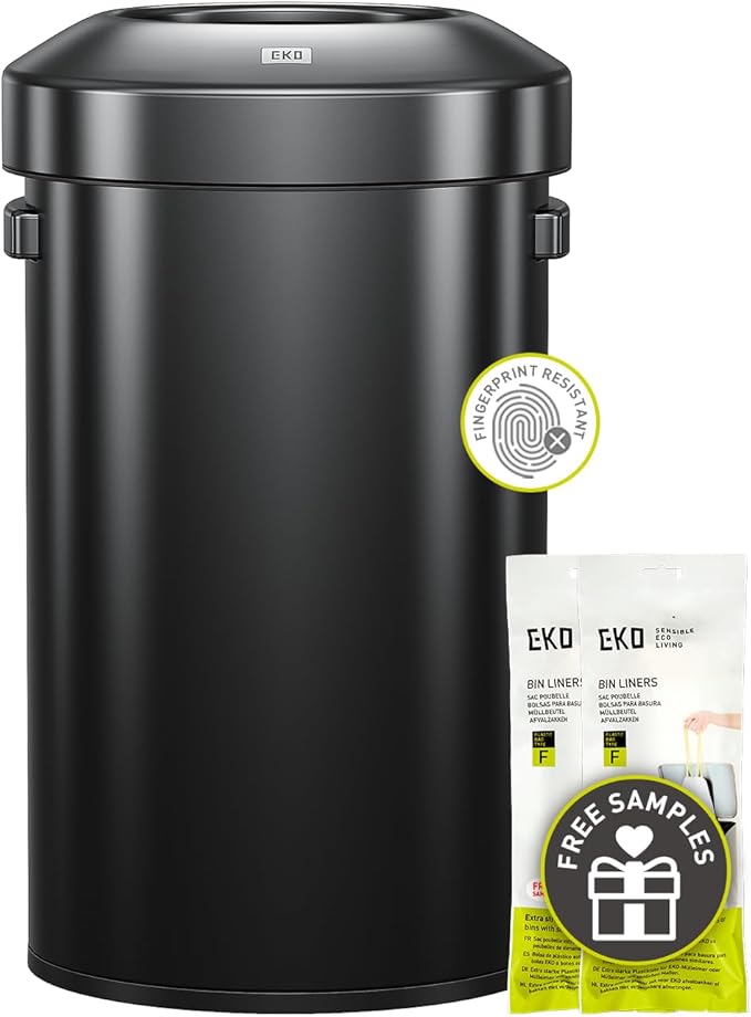 EKO 16-Gallon Round Black Stainless Steel Open Top Trash Can, Large Commercial