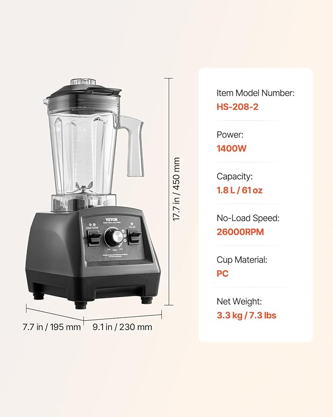 VEVOR Blender for Smoothies, 61 oz 1400W, Professional Blender