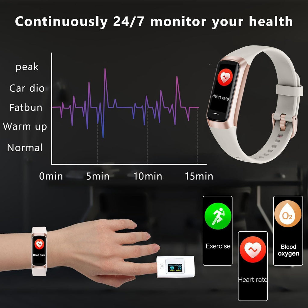 troty fitness tracker with heart rate/blood oxygen/sleep monitor on a desk or shelf