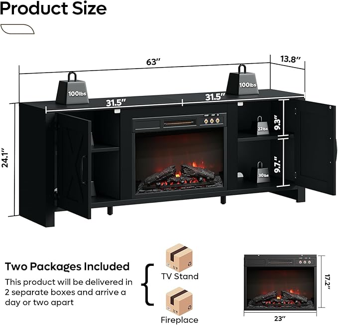 Bestier 63" Fireplace TV Stand for TVs Up to 70", Farmhouse Barn Door