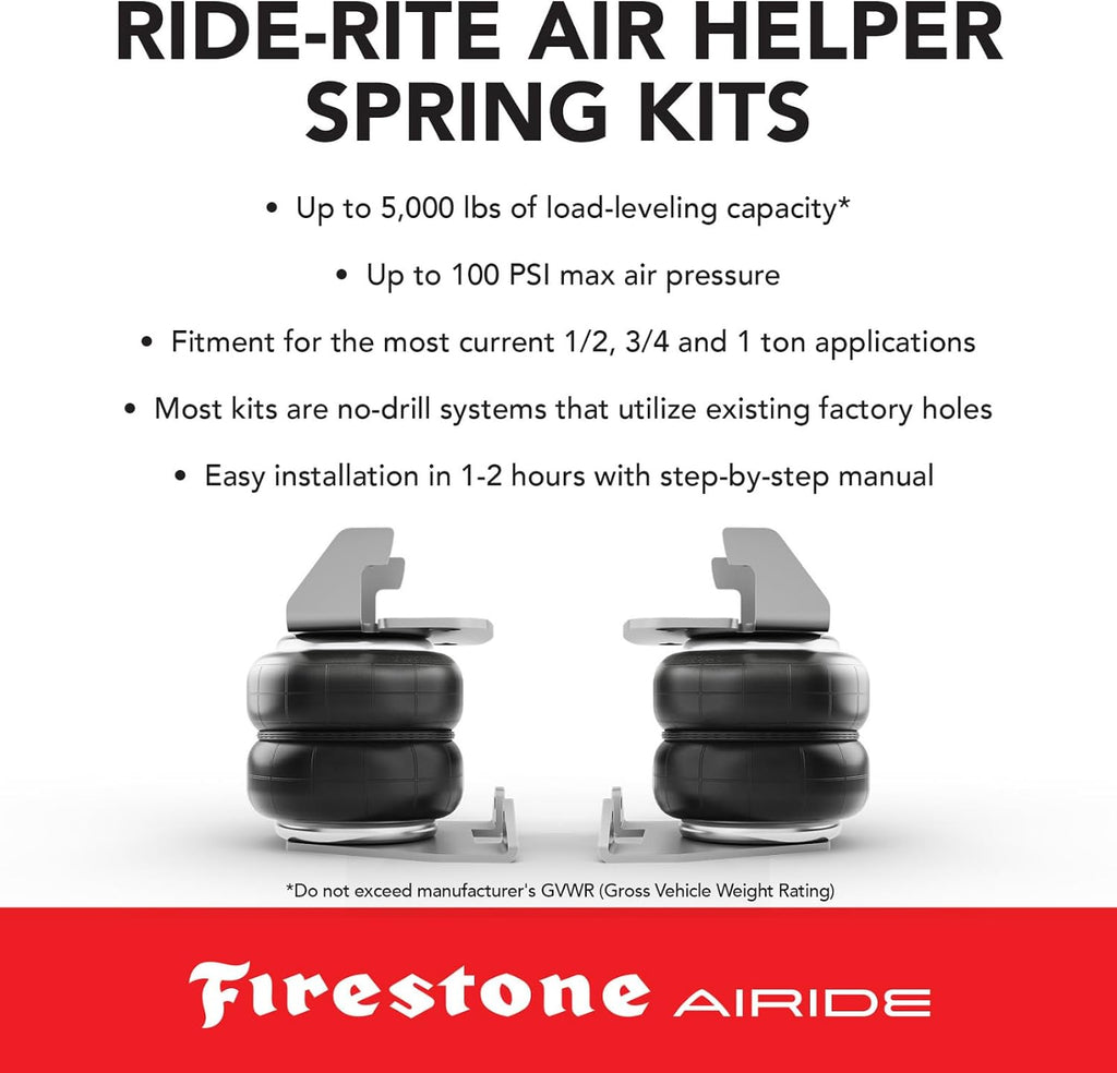 Firestone Airide 2407 Ride-Rite Rear Air Helper Springs Kit fits 2005-2023 Tacoma 2WD / 4WD & Tacoma Prerunner 2WD | Up to 5,000 lbs Load Leveling Capacity | 5-100 PSI | Easy Installation