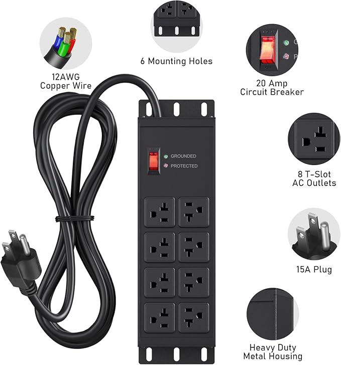 JUNNUJ Heavy Duty 20 Amp Surge Protector 4800J, Garage Metal 8 Outlets 12 Gauge