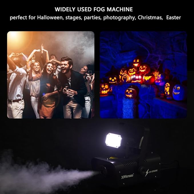 Fog Machine 1000W with Strobe Light, Wireless Remote, Perfect for Halloween, Parties, Concerts, and Events