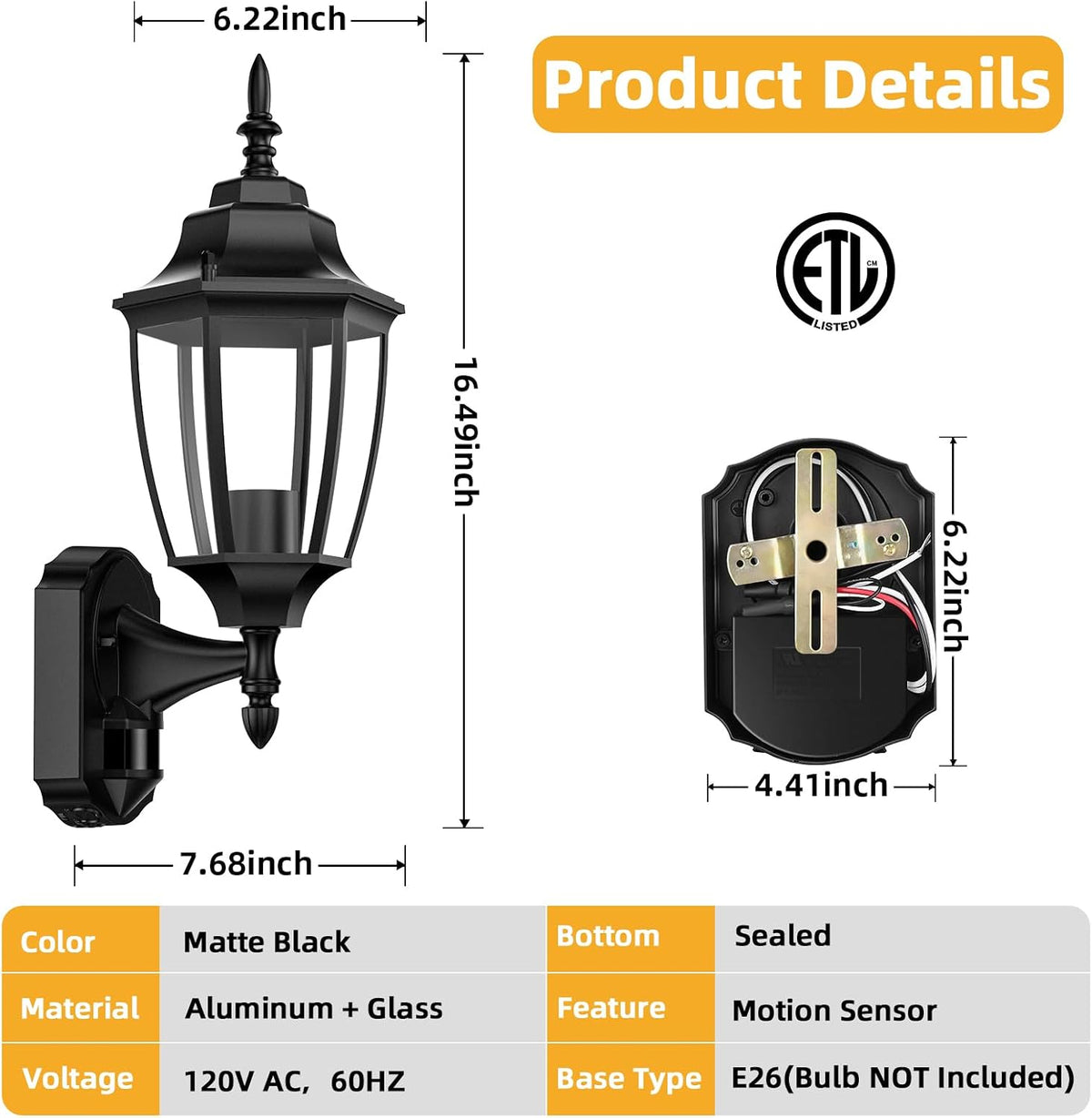 Lamomo Motion Sensor Outdoor Wall Lights, Outside Porch Lamps, Black