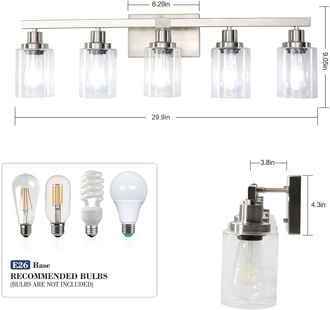 DIKAIDA Bathroom Vanity Light, 5-Light Nickel Modern Matte Wall Sconce Lighting